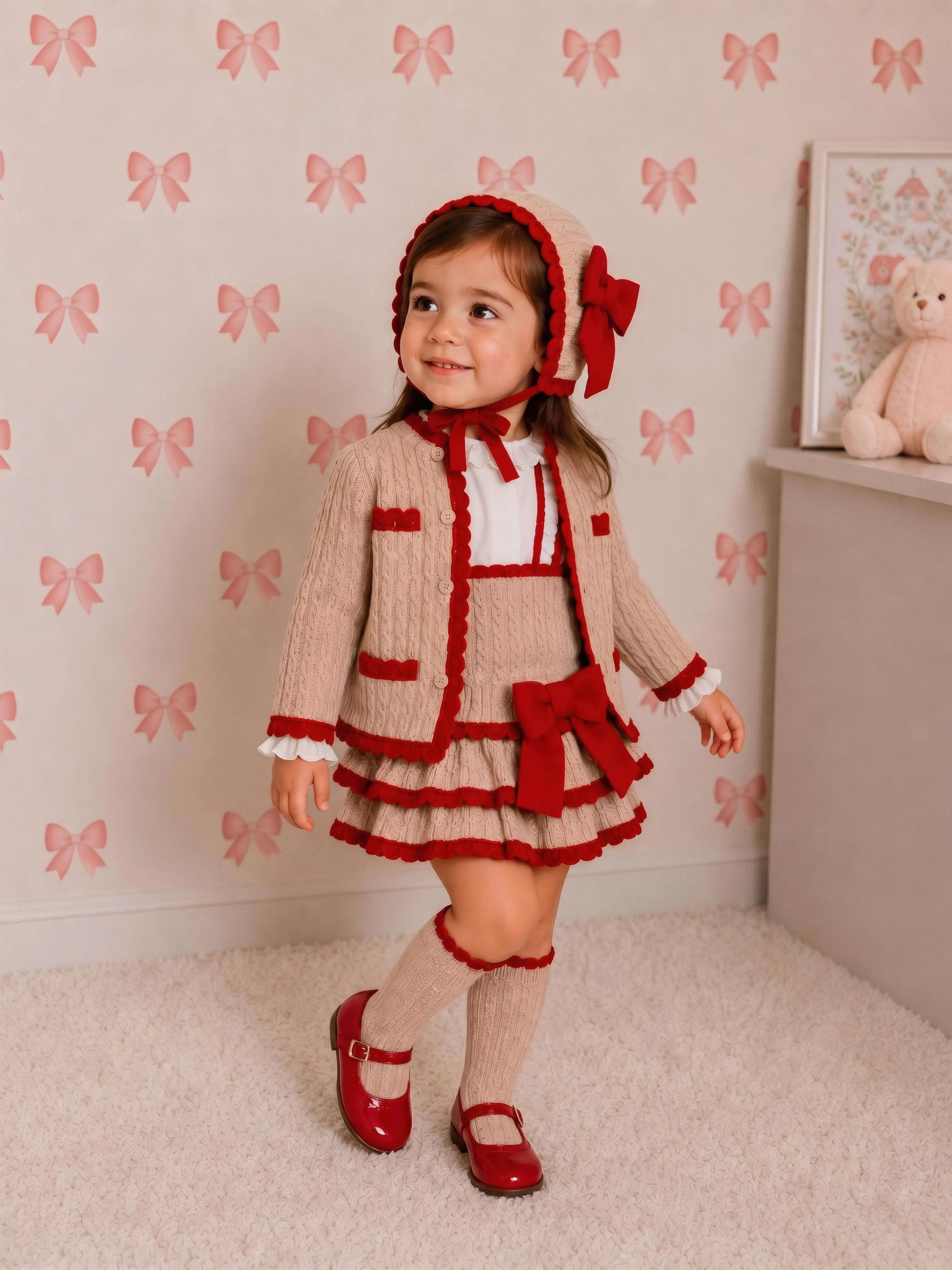 AW26 Rahigo Baby Girls Camel & Red Cardigan,Pinafore,Shirt,Bonnet & Socks Rahigo Moda Infantil