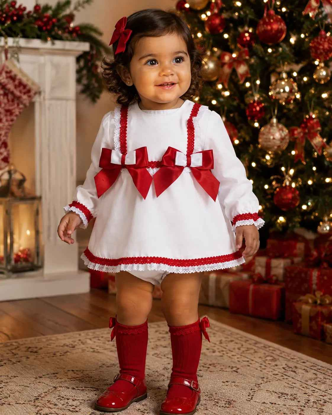 Baby Girls White / Red Christmas Dress & Bloomers