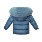 Blue puffer winter jacket with large fluffy fur hood seen from the back