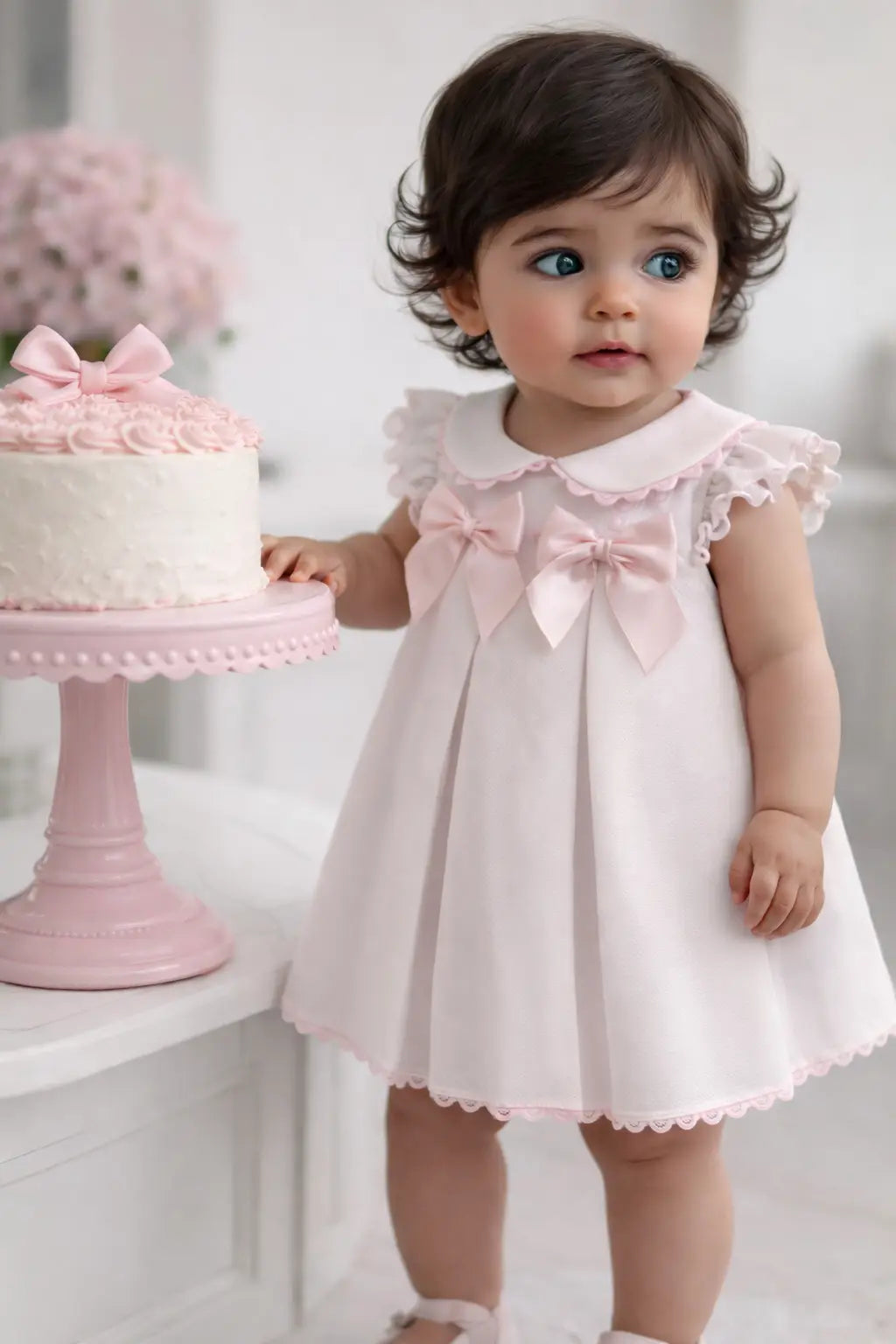 Baby Girls White / Pink Pleated Pique A Line Dress Dainty Delilah