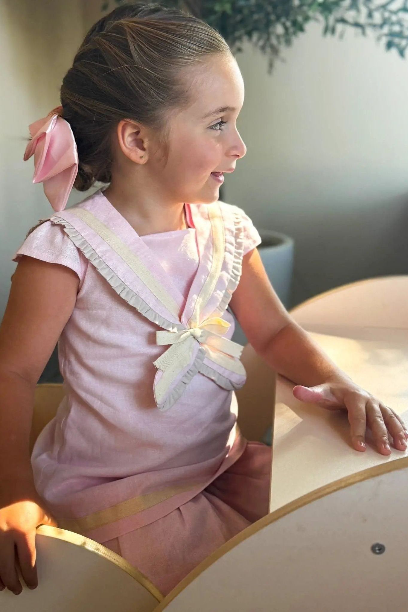 Exclusive Girls Pink Linen Sailor A Line Dress Basmarti