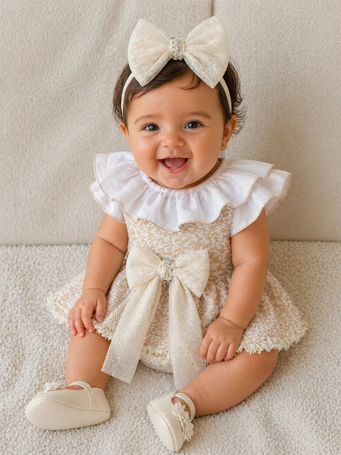 SS26 Naxos Baby Girls Gold Metallic Shirt & H Bar Romper Naxos