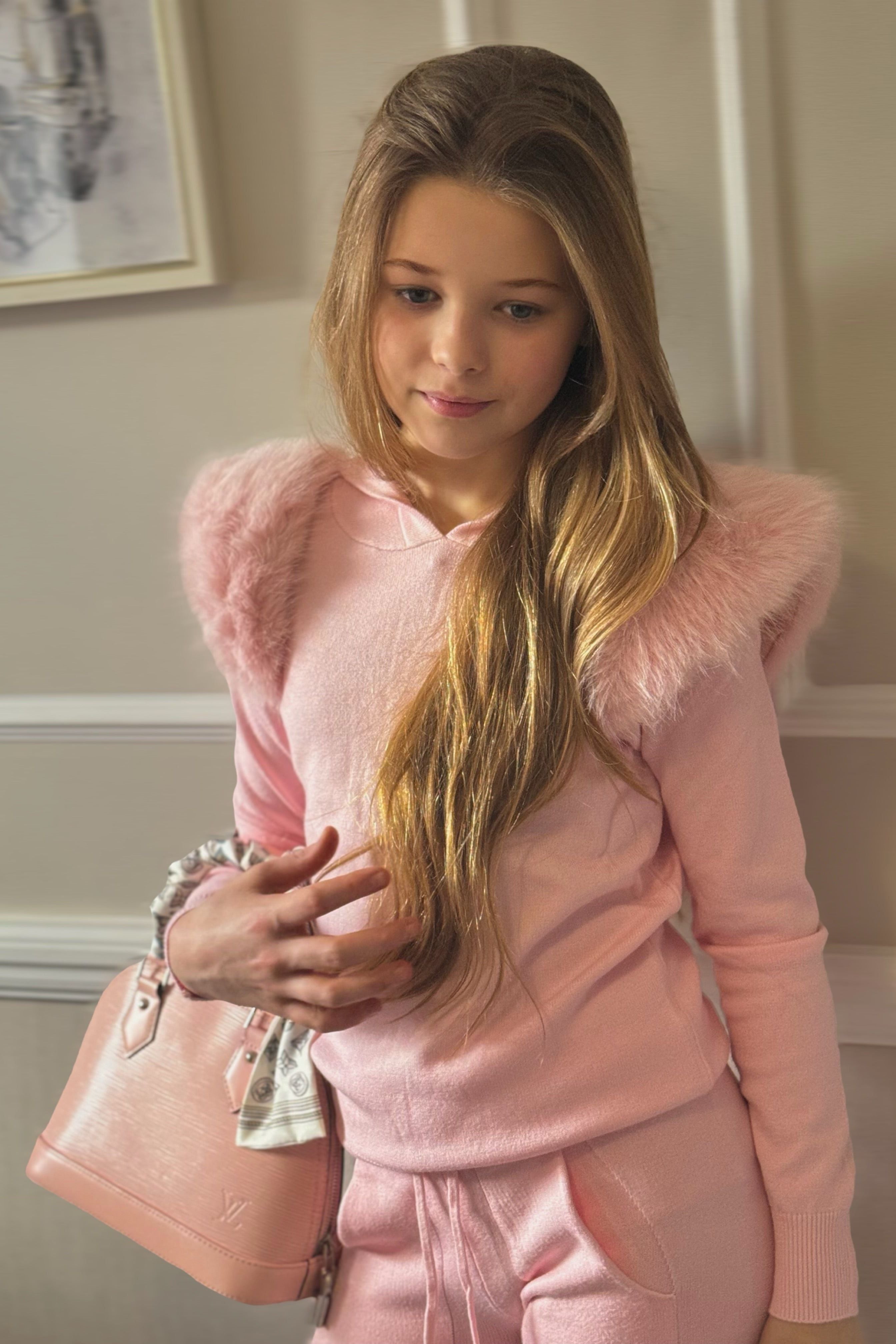 Girls Pink Fur Hooded Knitted Loungewear Set