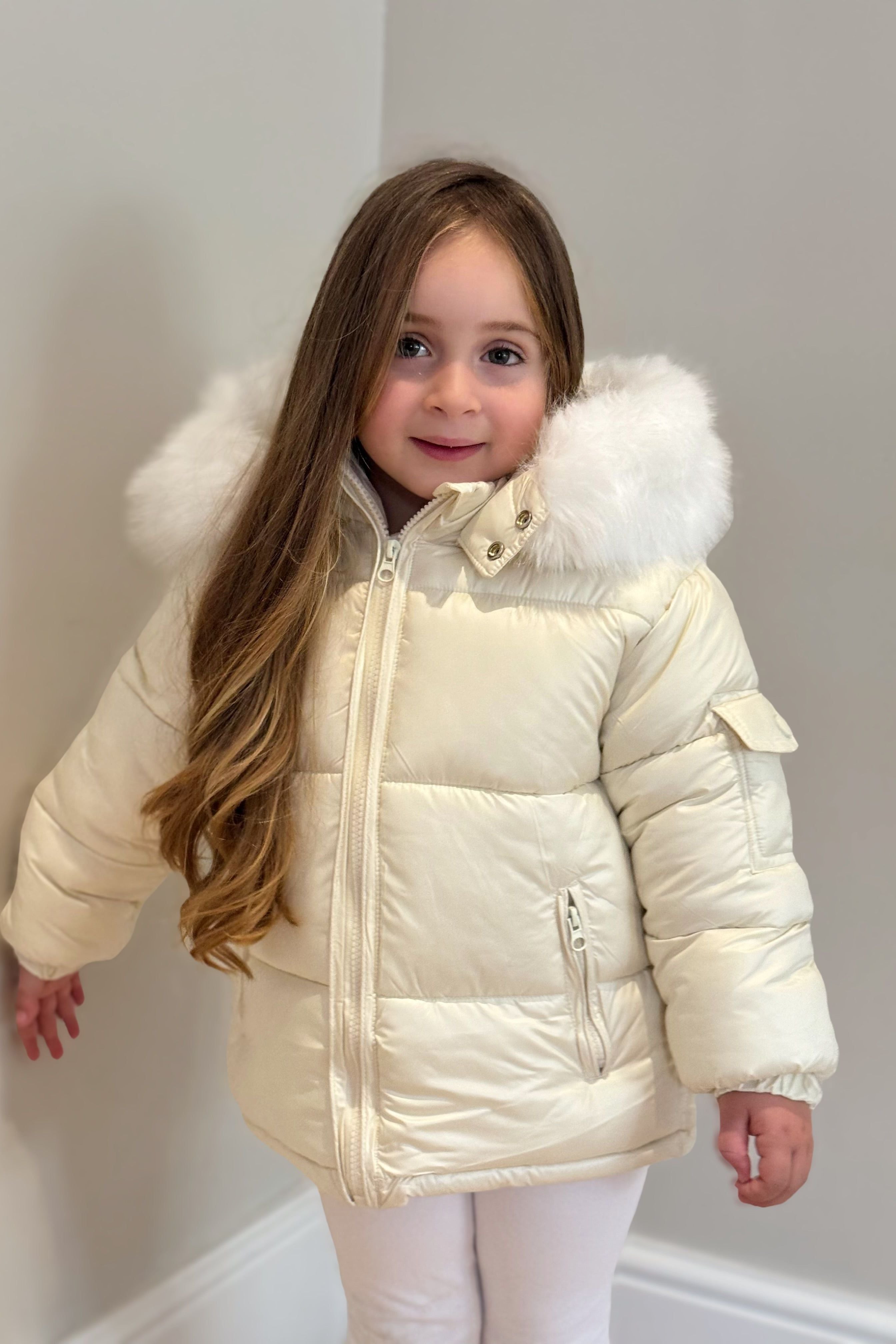 Unisex Cream Fur Hood Coat