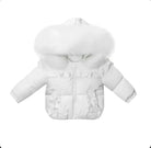 White baby winter jacket with fluffy fur-lined hood and decorative ruffles