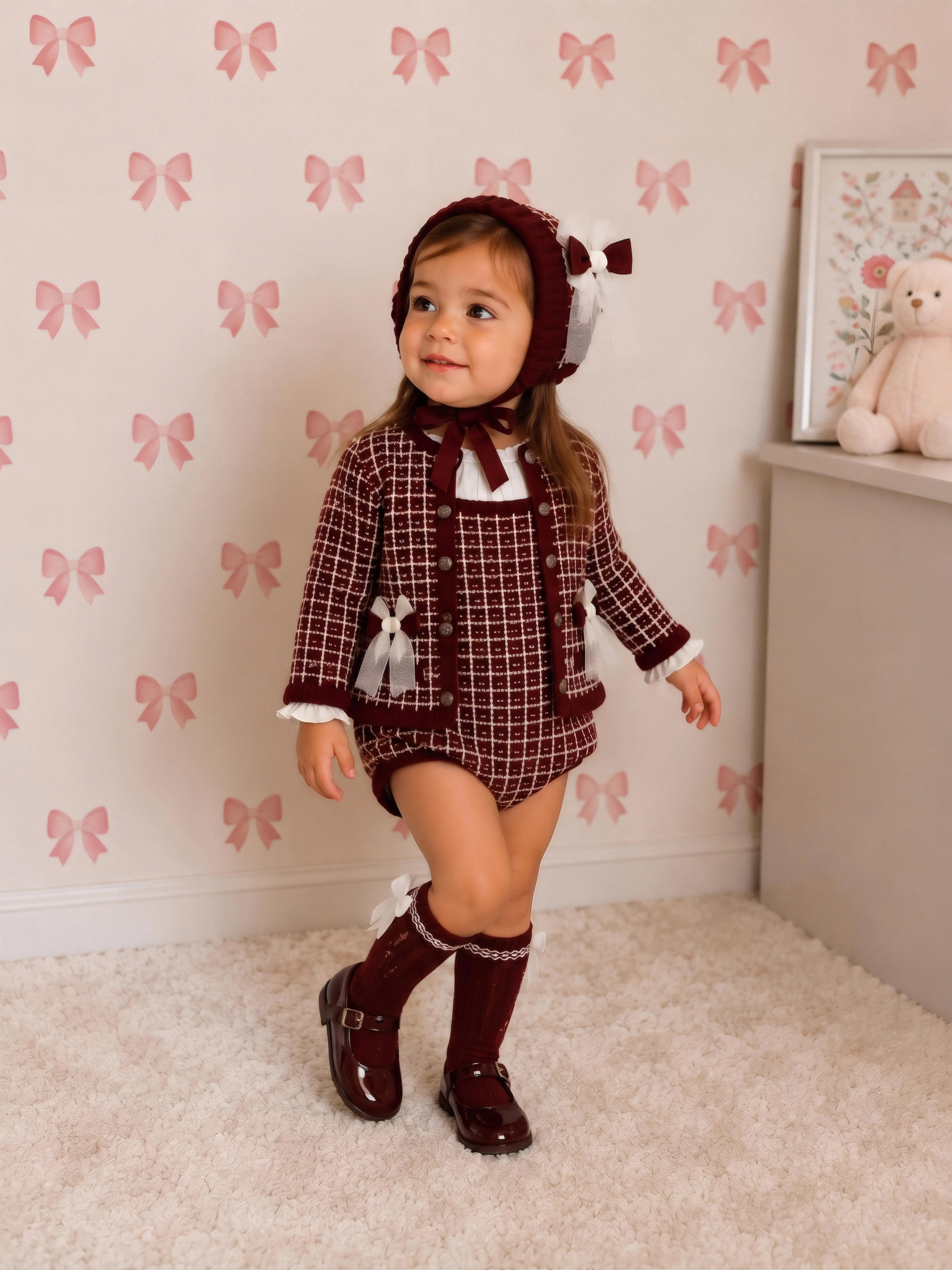AW26 Rahigo Baby Girls Burgundy Cardigan,Pinafore,Shirt,Bonnet & Socks Rahigo Moda Infantil