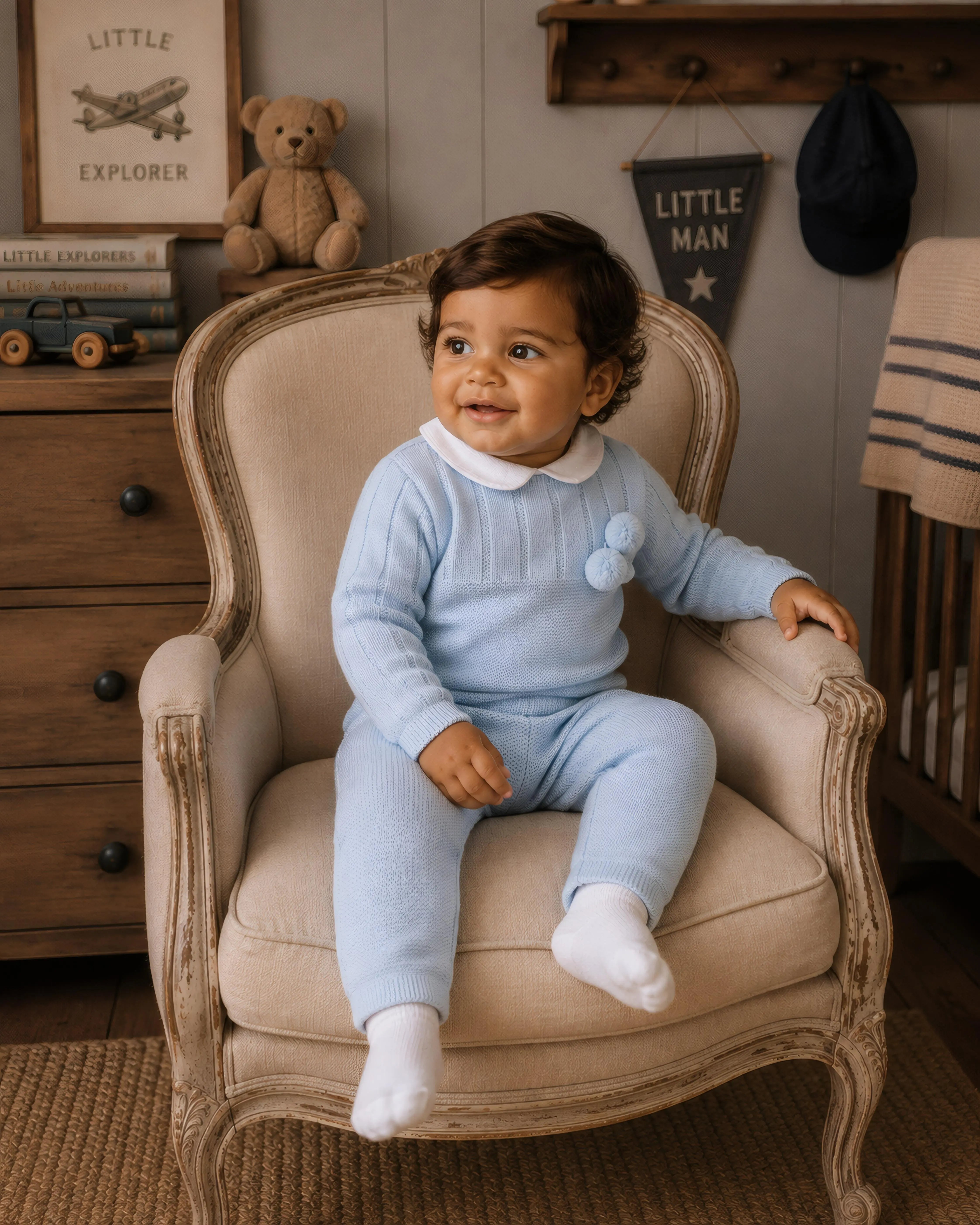 AW26 Baby Boy Blue Knitted Tracksuit with Pom Pom Detail Dainty Delilah