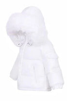 white kids winter coat with fluffy fur hood and front zipper pockets
