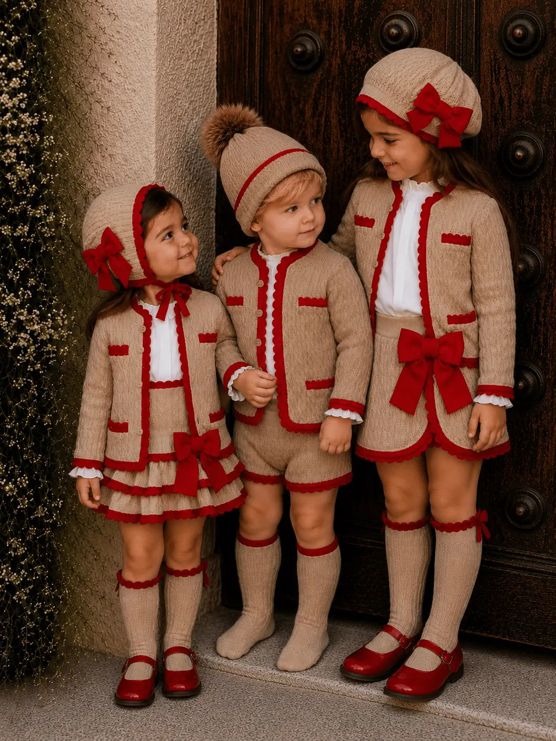 AW26 Rahigo Baby Boys Camel & Red Knitted Short 5P Set Rahigo Moda Infantil