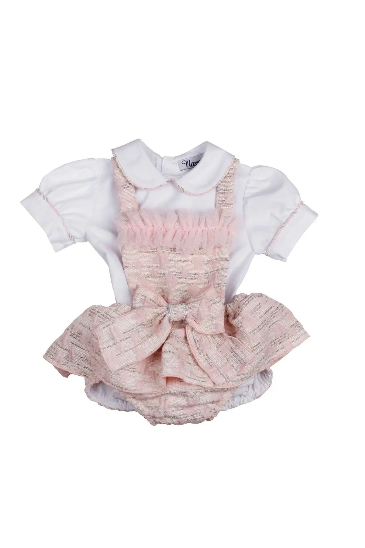 SS26 Naxos Baby Girls Pink Ruffle Shirt & H Bar Romper Naxos