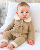 AW26 Baby Unisex Camel Knitted Fur House Coat & Legging Set in camel color with Peter Pan collar, available in sizes 1-5 years.