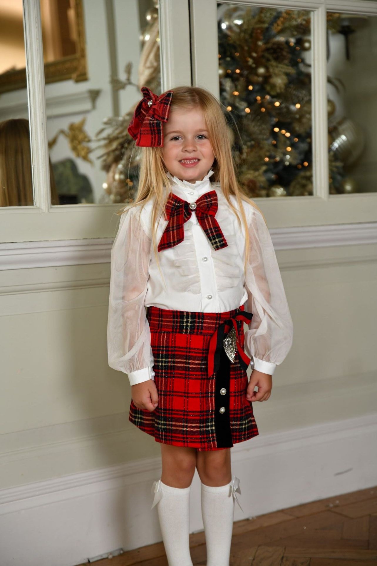 AW24 Naxos Girls Christmas Tartan Skirt Set, Knitted Blazer, Socks & Hat