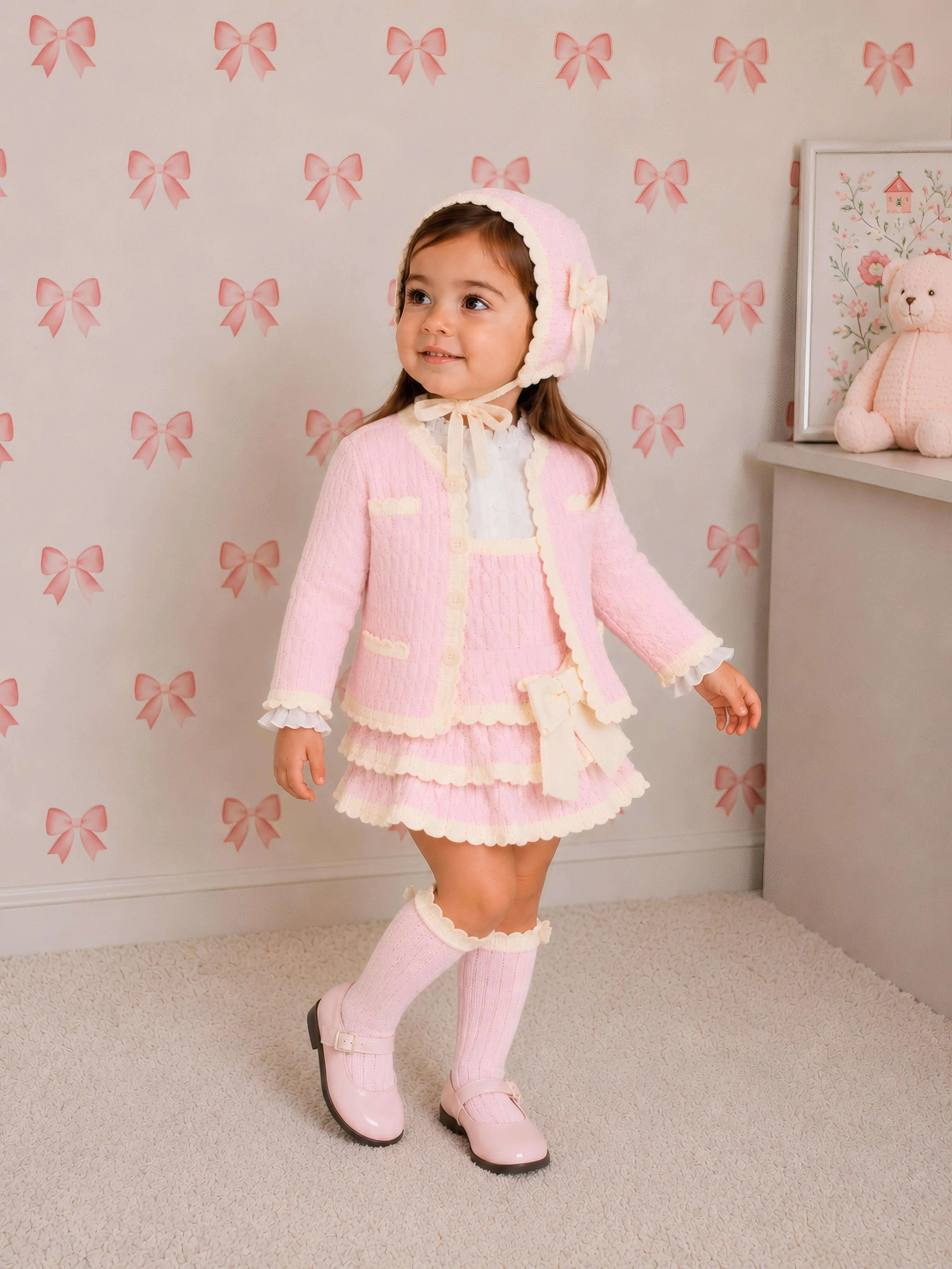 AW26 Rahigo Baby Girls Pink & Cream Cardigan,Pinafore,Shirt,Bonnet & Socks Rahigo Moda Infantil