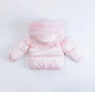 Back view of a pink baby puffer jacket with fur-trimmed hood and ruffle details on arms