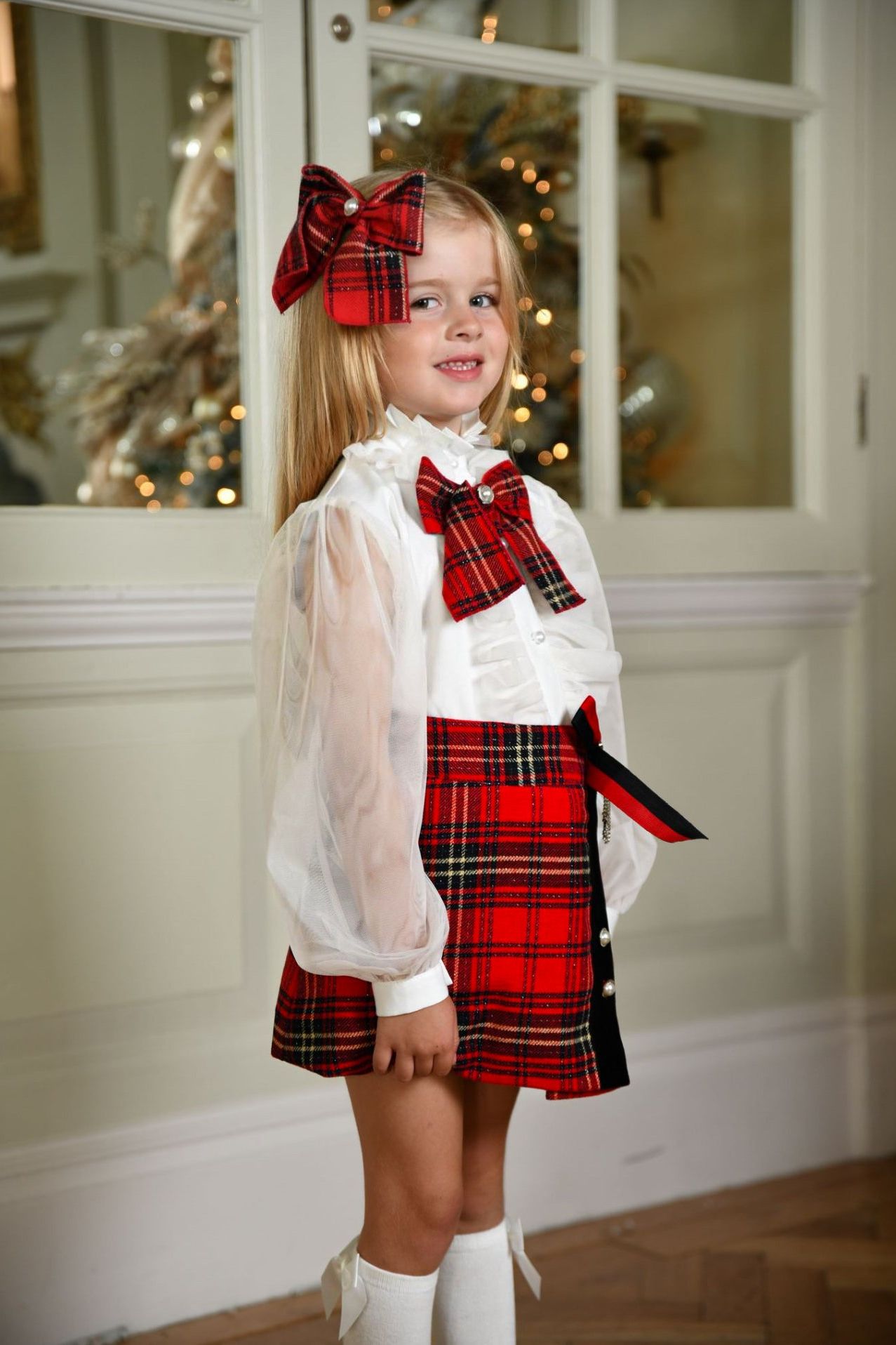 AW24 Naxos Girls Christmas Tartan Skirt Set, Knitted Blazer, Socks & Hat