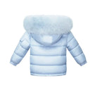 Light blue puffer jacket with large fluffy fur hood, back view, winter coat
