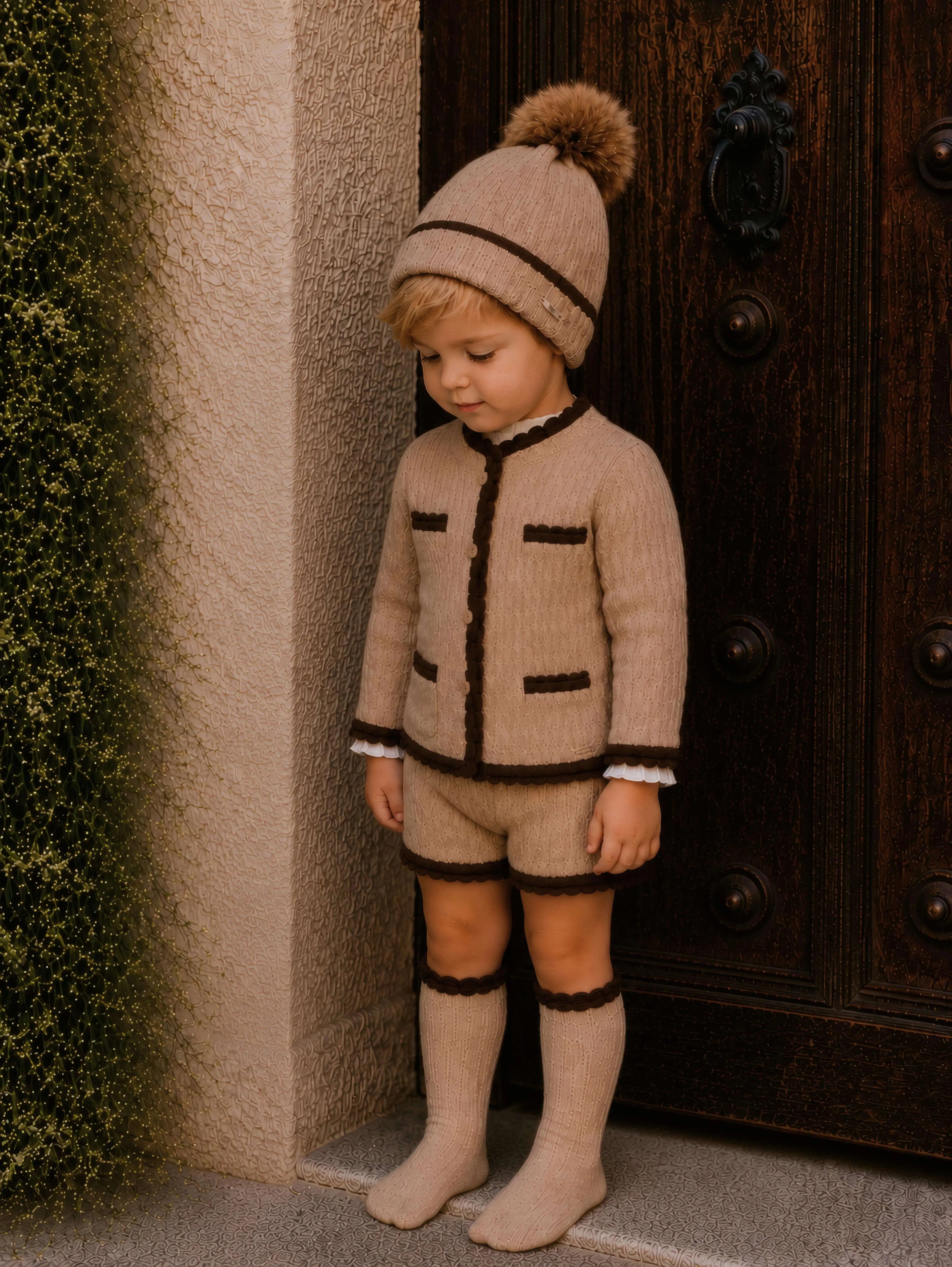 AW26 Rahigo Baby Boys Camel & Brown Knitted Short 5P Set Rahigo Moda Infantil