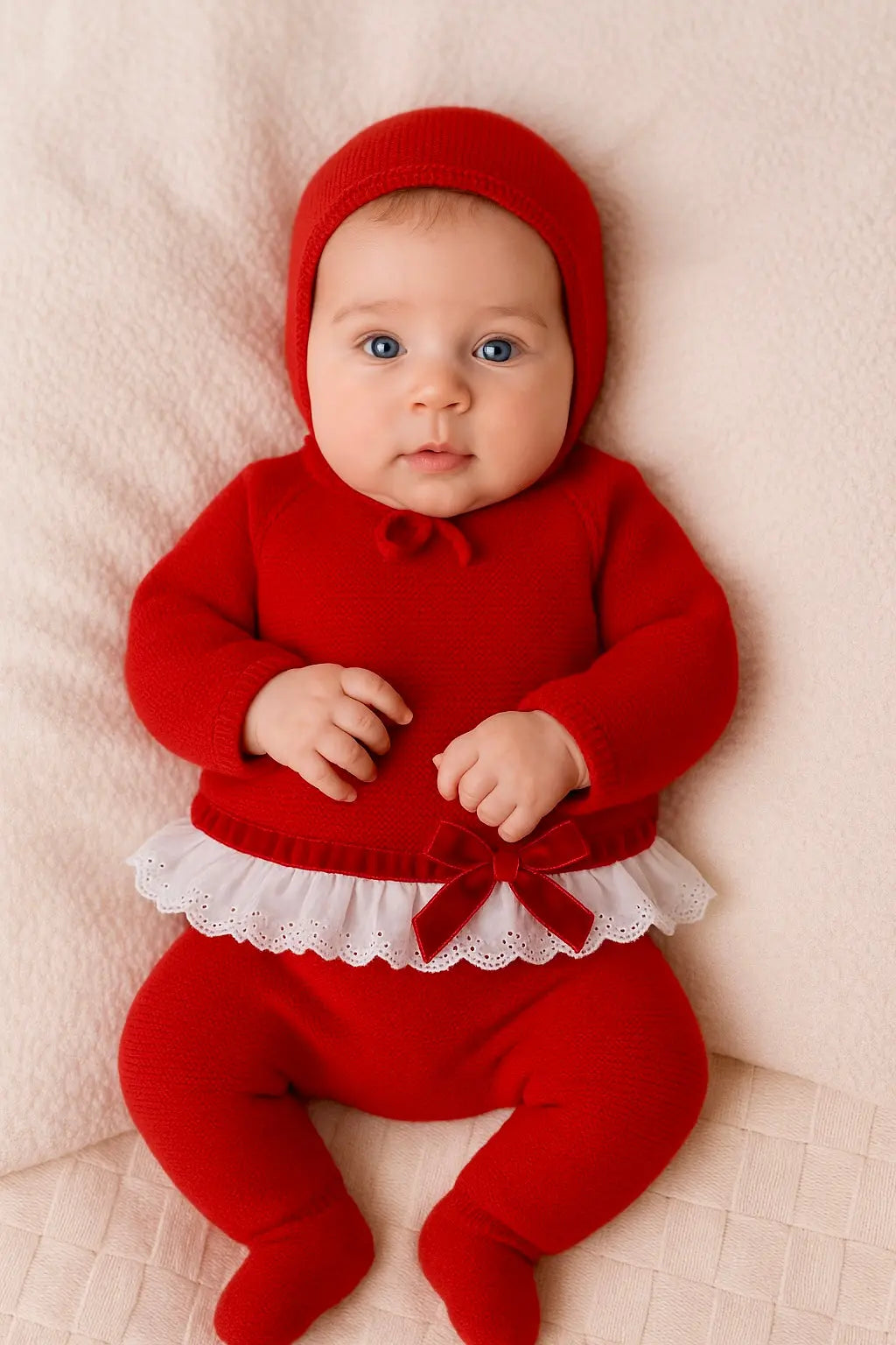 Spanish Baby Girls Knitted Red Outfit & Bonnet Dainty Delilah