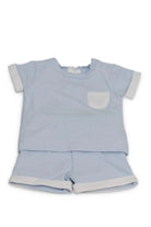 Light blue baby short sleeve shirt and shorts set with white trim and front pocket