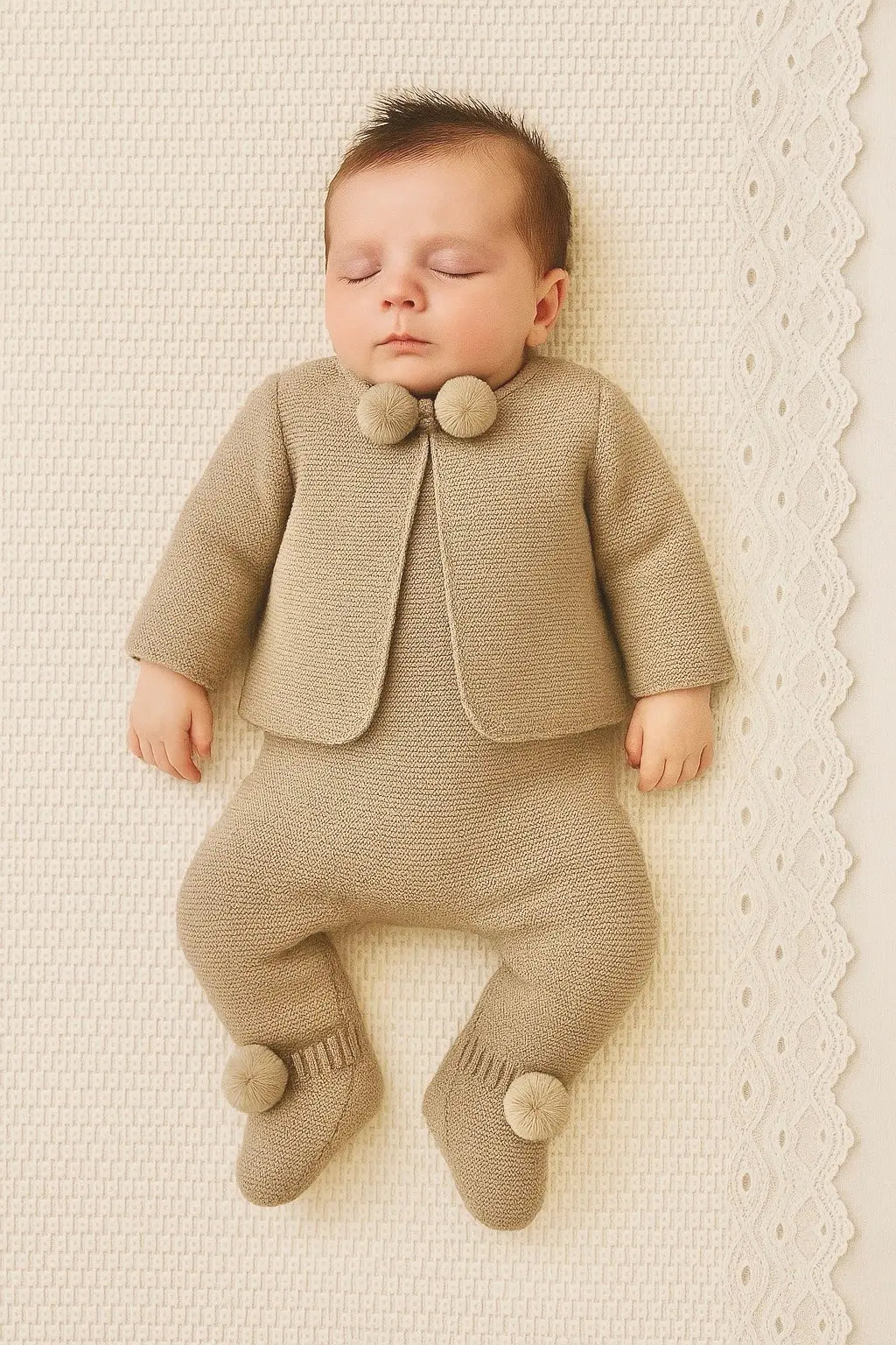 AW25 Baby Unisex Camel Knitted Pompom Pram Suit Dainty Delilah