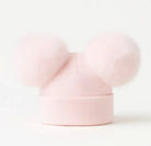 Soft pink baby beanie hat with two large fluffy pom-poms on top
