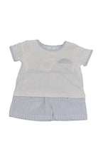 White baby romper with light blue striped trim and matching shorts