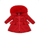 Red baby winter coat with faux fur hood, ruffles, and decorative beads on front