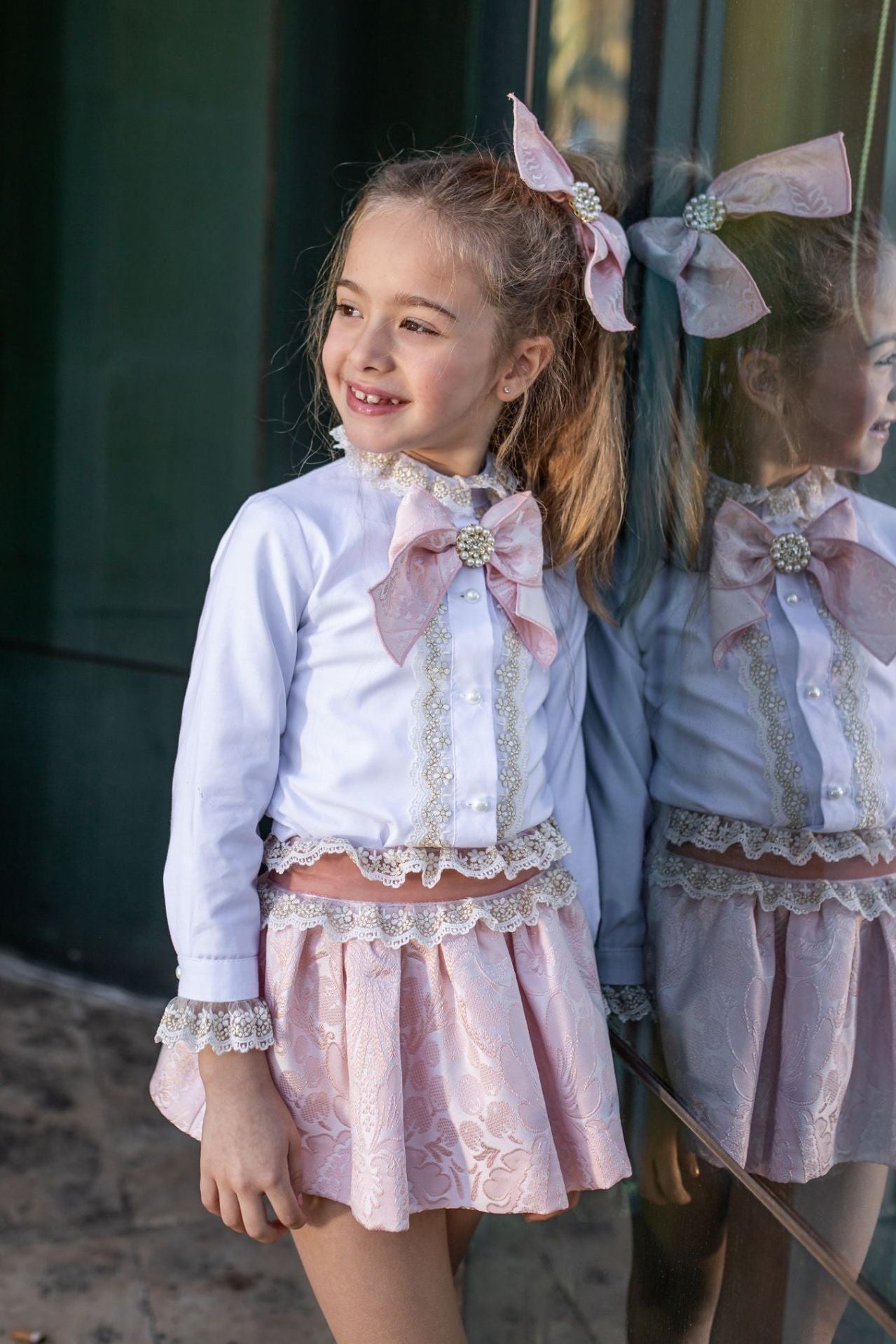 AW24 Naxos Girls Pink Damask Skirt Set & Hairbow