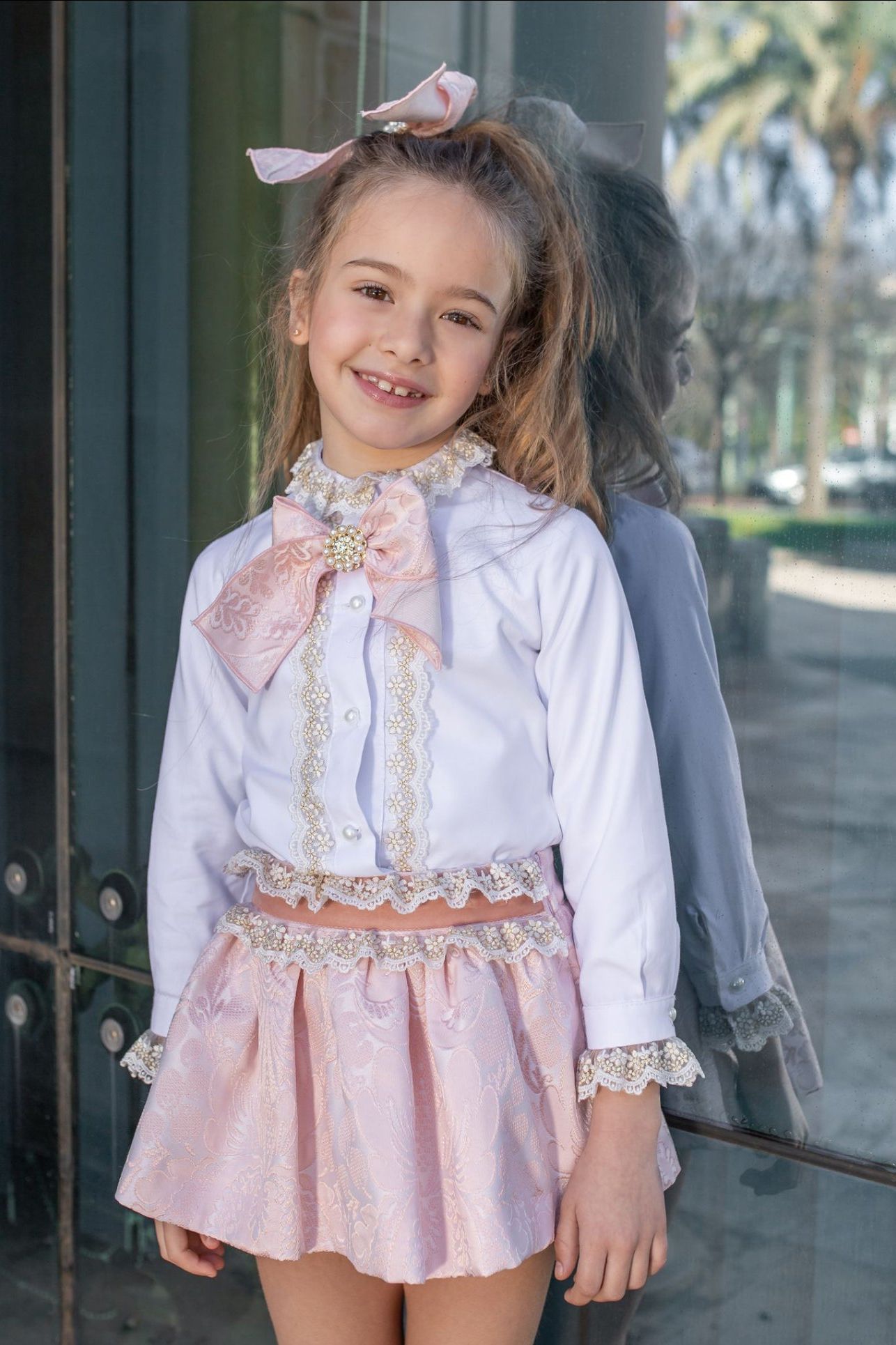 AW24 Naxos Girls Pink Damask Skirt Set & Hairbow