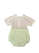Baby romper with white lace collar and light green bottom with elastic leg openings