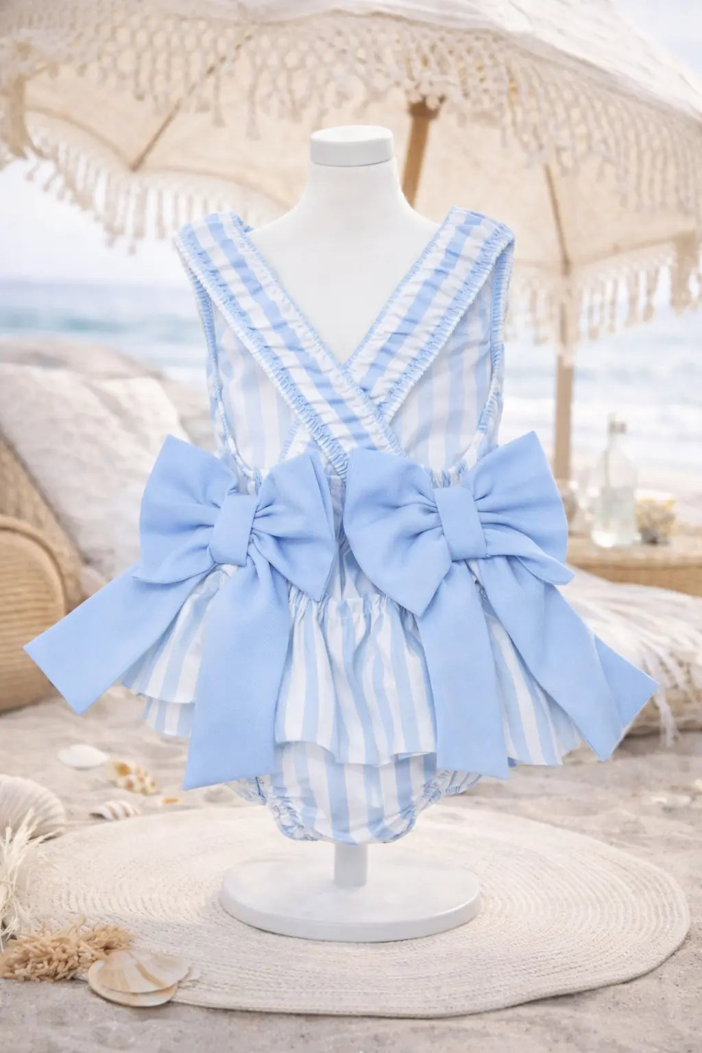 Girls Summer Blue Stripe Swimming Costume Dainty Delilah