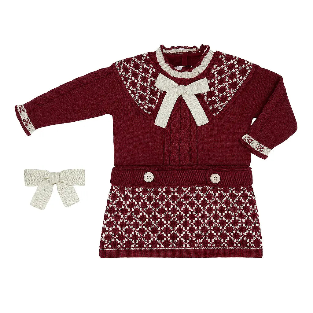 AW25 Rahigo Girls Burgundy & Cream Knitted Dress & Hairbow Rahigo Moda Infantil