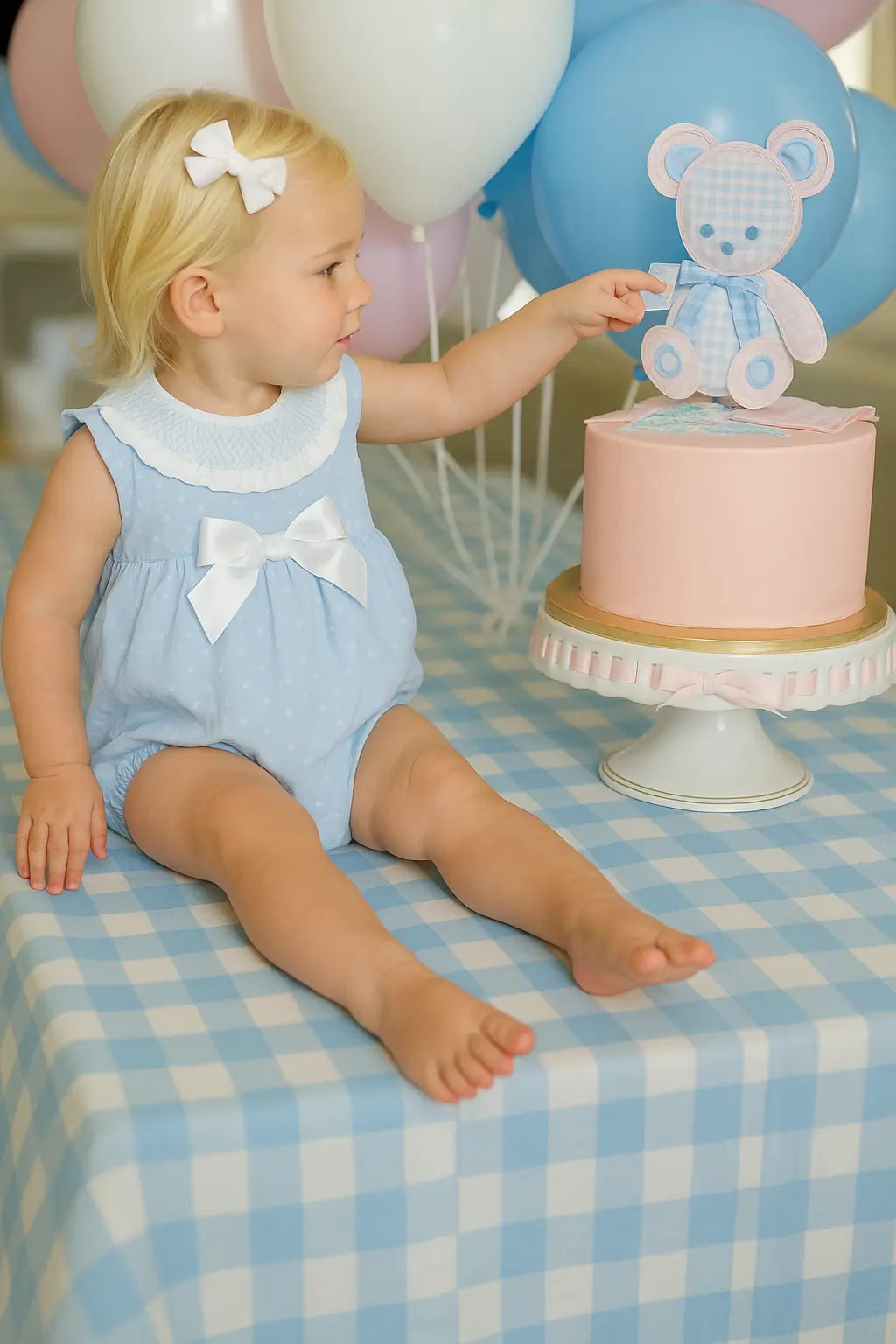 Baby Girls Smock Blue & White Bow Summer Romper Dainty Delilah