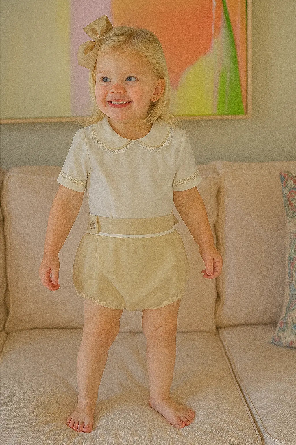 SS25 Baby Girls Pastel Beige Romper Dainty Delilah