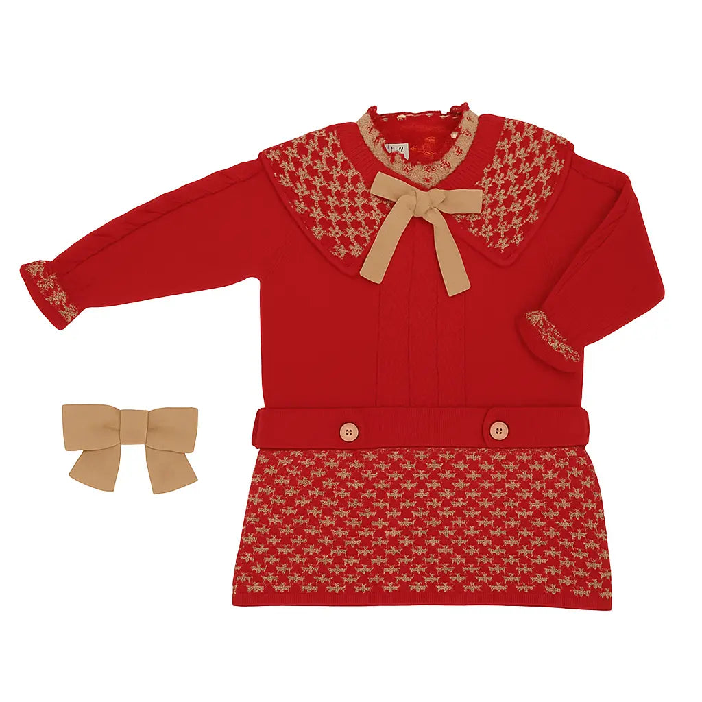 AW25 Rahigo Girls Red & Camel Knitted Dress & Hairbow Rahigo Moda Infantil