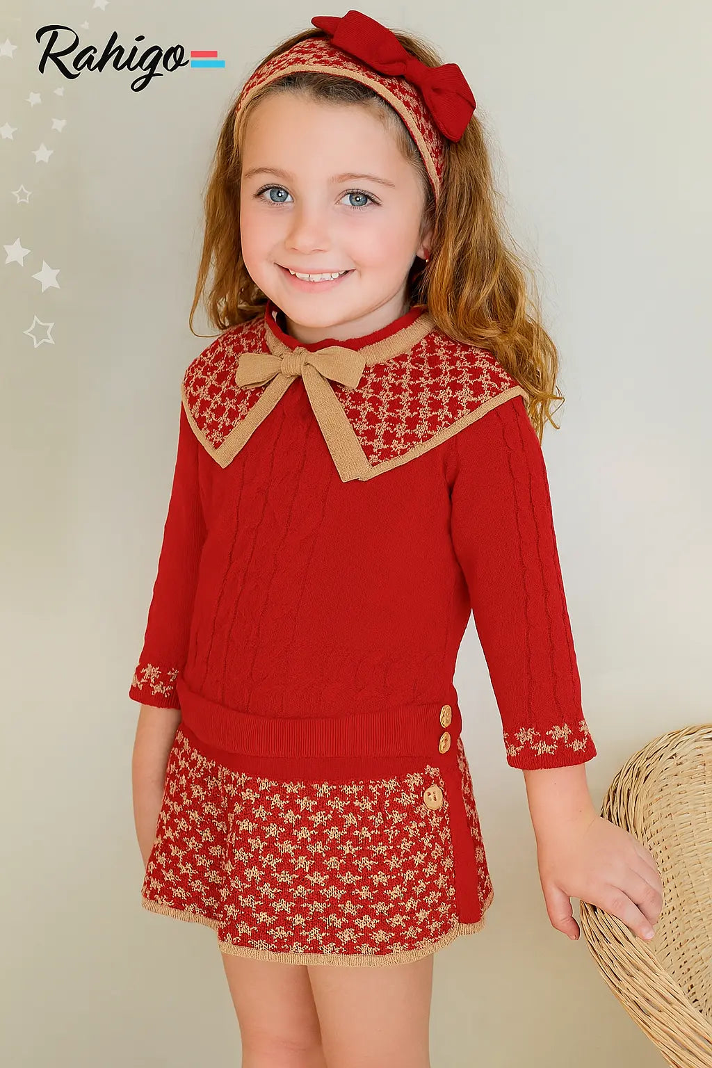 AW25 Rahigo Girls Red & Camel Knitted Dress & Hairbow Rahigo Moda Infantil
