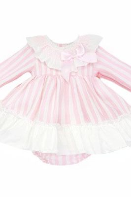 Girls Pink Stripe Frilly Dress & Knickers