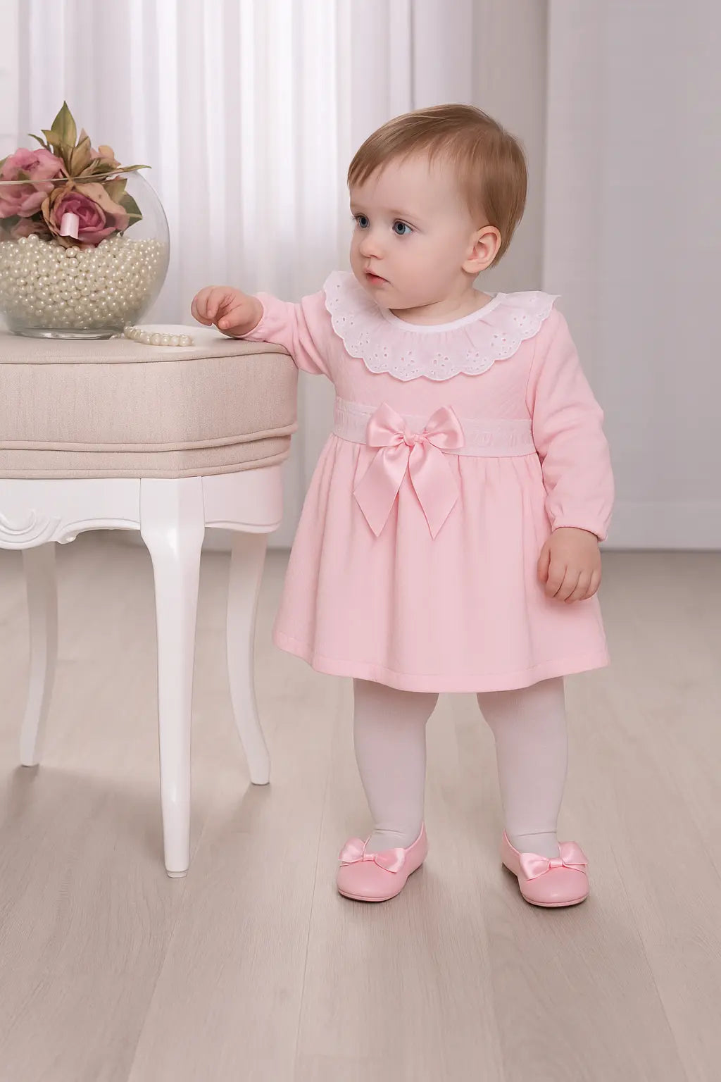 Baby Girls Pink Lace Pique Ribbon Dress Dainty Delilah