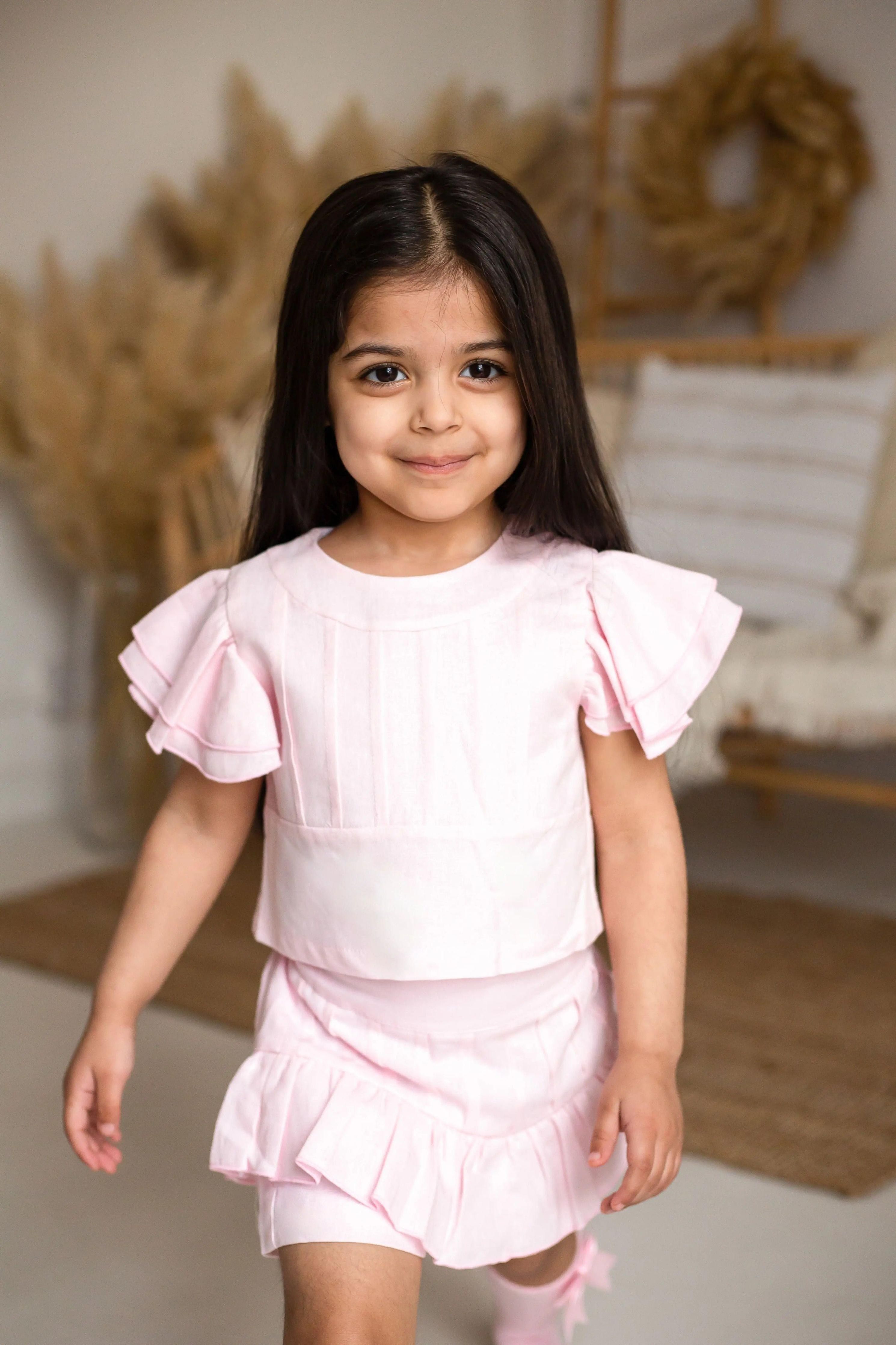 Exclusive Pink Linen Pleated Short Set Basmarti