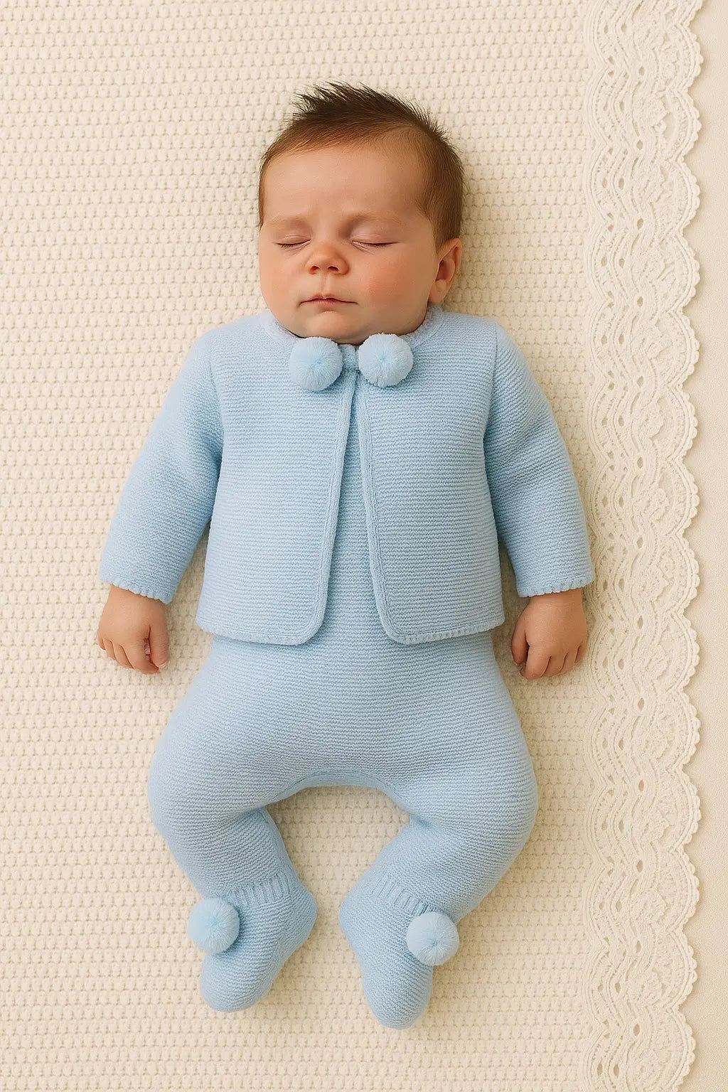 AW25 Baby Blue Boys Knitted Pompom Pram Suit Dainty Delilah