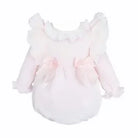 Soft pink baby romper with ruffled shoulders and floral bow accents on white background