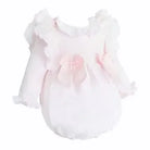 Pink baby romper with ruffled sleeves and flower decorations on chest and arms
