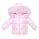 Pink kids' puffer jacket with faux fur hood and zippered pockets on white background