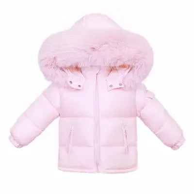 Pink kids' puffer jacket with faux fur hood and zippered pockets on white background
