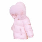 Pink puffer winter jacket with fur-lined hood and zippered pockets for kids