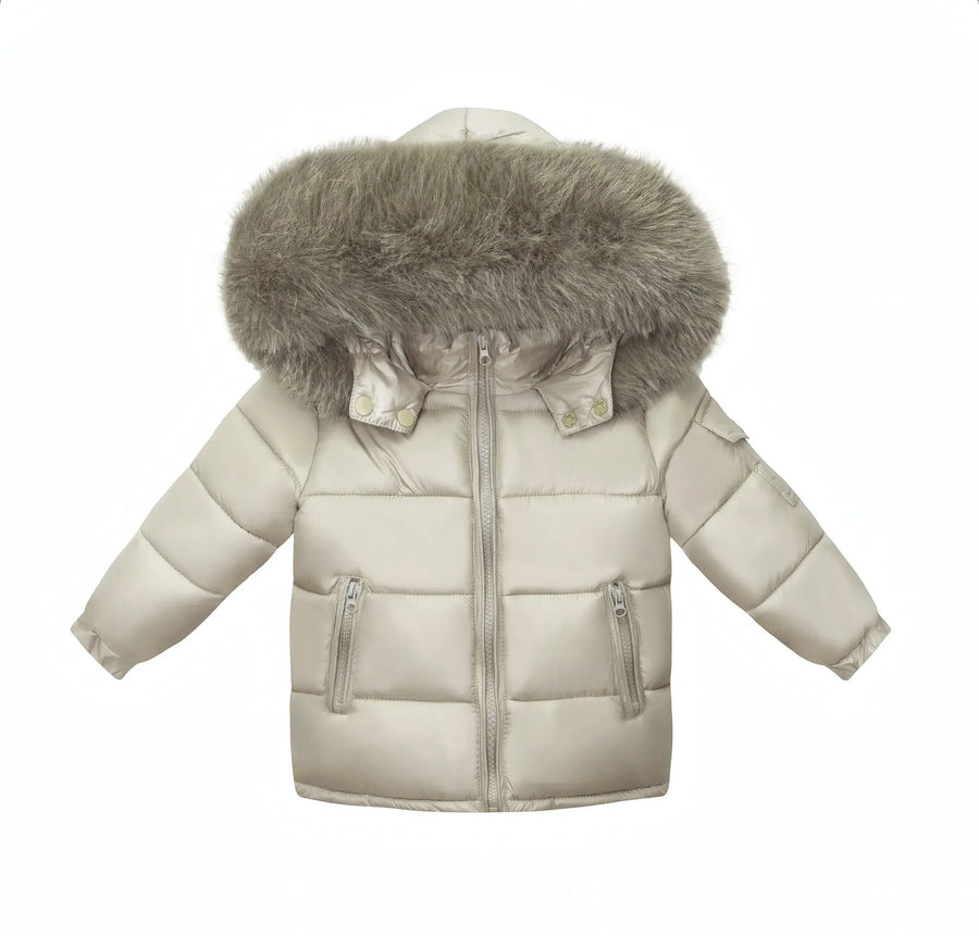 Camel Fur Hood Unisex Coat  
Stylish cream coat with fur hood, front zipper, and pockets. Available in sizes 6 Months to 12/13 Years.