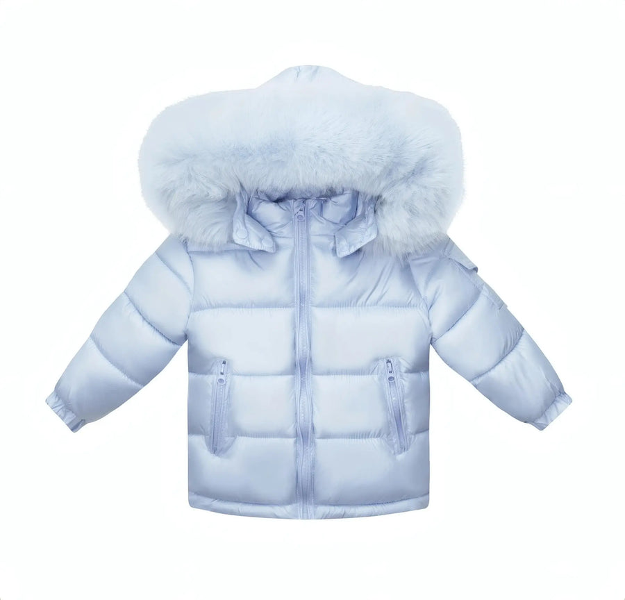 Baby Blue Fur Hood Coat for Kids - Dainty Delilah, unisex design with fur hood, zip closure, available in sizes 6 Months to 12 Years.