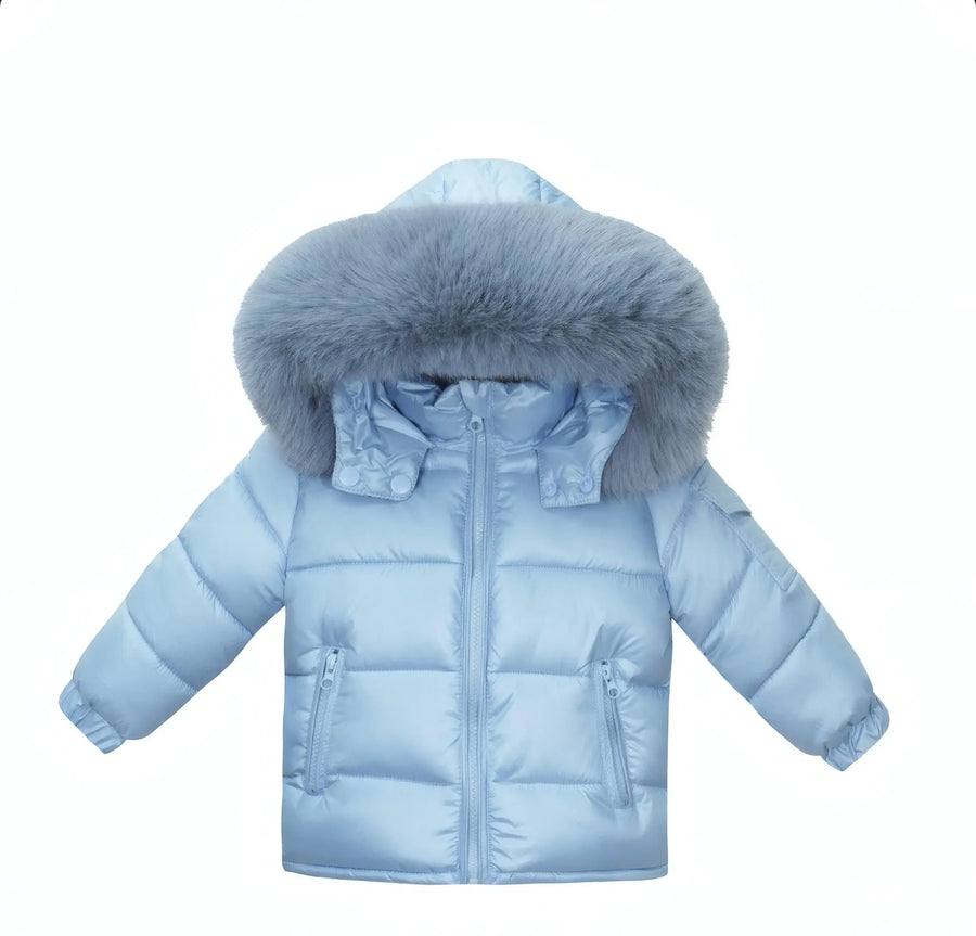 Ocean Blue Fur Hood Unisex Coat, AW26 collection, available in sizes 6-48 months, featuring a puffy design and front zipper.
