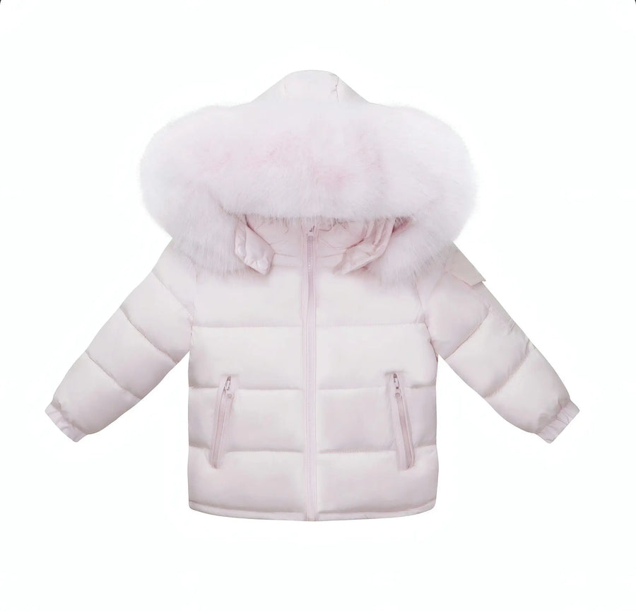 Baby Pink Fur Hood Girls Coat - Stylish and warm coat with a luxurious fur hood, zip closure, and two front pockets. Sizes available: 6 Months, 12 Months, 24 Months, 36 Months, 4 Years, 5 Years, 6 Years, 7 Years, 12 Years.
