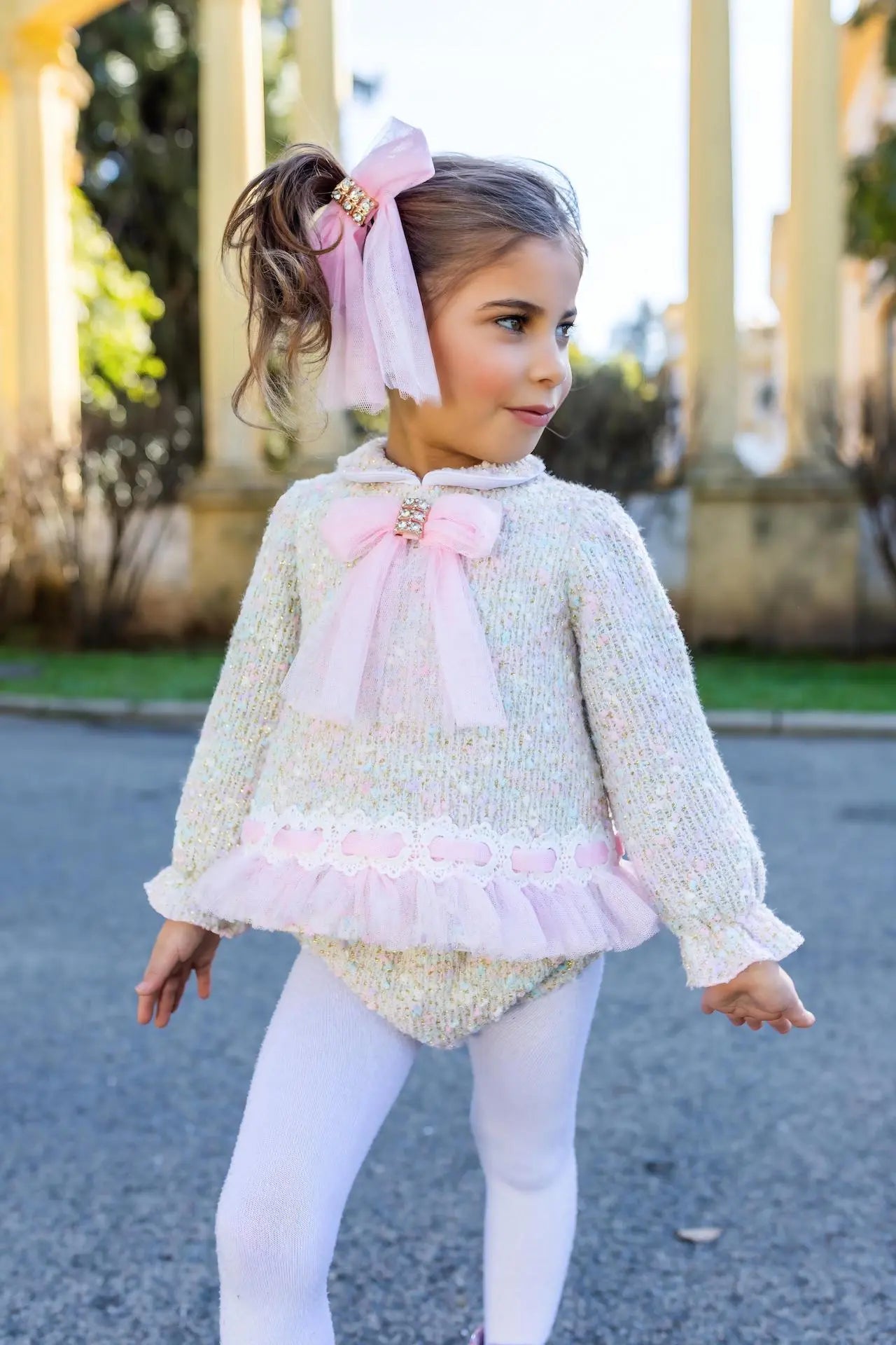 AW26 Naxos Pink Tweed Tulle Baby Dress & Knickers Naxos
